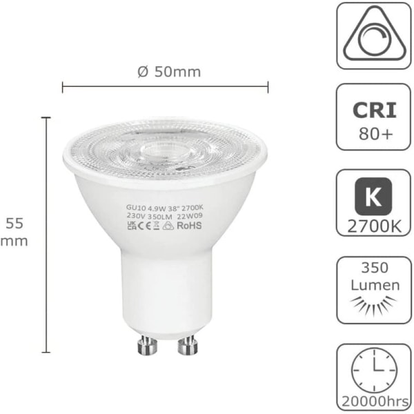 GU10 LED-lamppu himmennettävä, LED-spottityyppi, 4,9 W (vastaa 50 W halogeenia), lämmin valkoinen 2700 Kelvin 350 lumenia, 10 kpl [Energialuokka G]