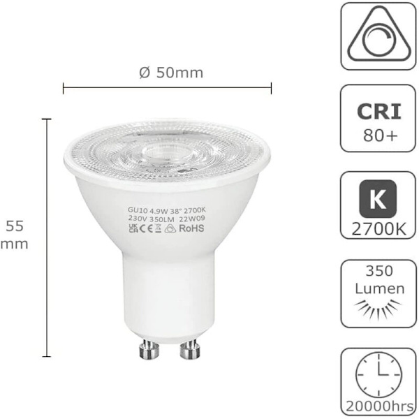 GU10 LED-pære, dæmpbar, LED-spottype, 4,9 W (svarende til 50 W halogen), varm hvid 2700 Kelvin 350 lumen, pakke med 10 [energiklasse G]
