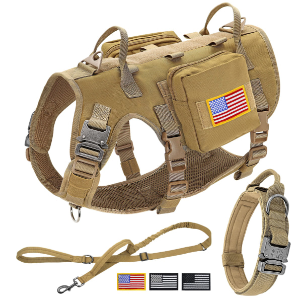 Tactical Dog Vest Sele - Enkel kontrolltrening - Båndsett No Pull - Militær hundesele med ryggsekk - For middels store hunder - Coyote Brown M