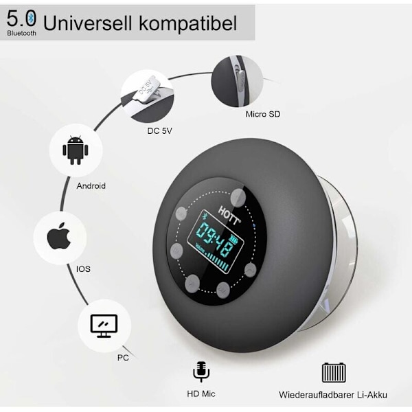 Dusjradio Bluetooth 5.0 Vanntett Høytaler Trådløs Bad Musikk