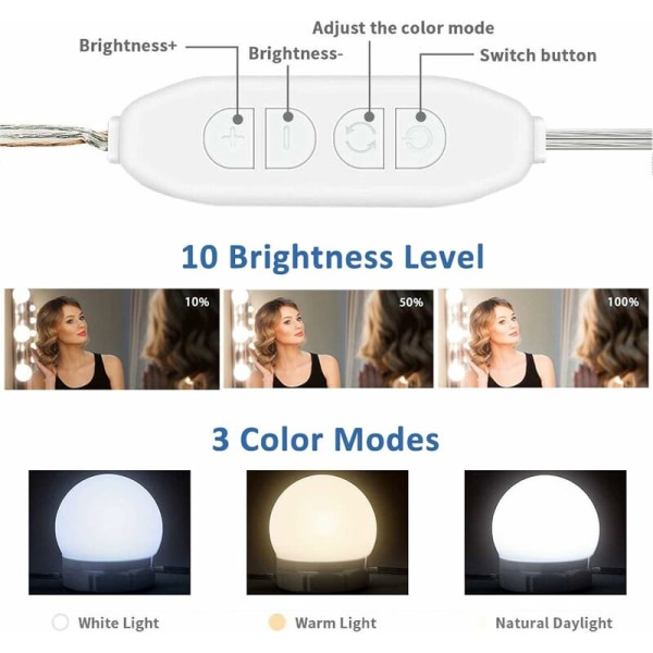 Spegelsats med 14 glödlampor för sminkbord, dimbar Hollywood LED-spegel, USB-sminkspegellampa med strömbrytare och kabel, 3 färger och 1