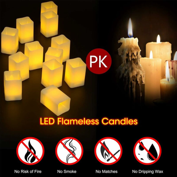 Set med 12 flimrande flamlösa LED-ljus, medelstora pol-ljus för hem, bröllop, festival, varmvitt
