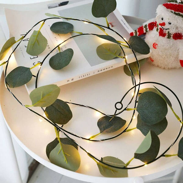 Eukalyptus Rattan Lysstreng, Julepynt, LED Vine Lysstreng til Have, Have, Hjem, Terrasse, Bryllupsfest DekorationUSB(5m, 50 pære
