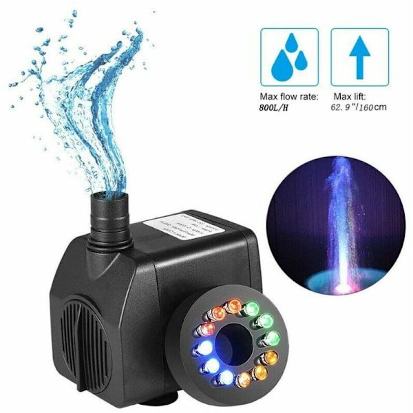 15W fontene-pumpe, strømningshastighet på 800L/t, med 12 integrerte LED-lys, ideell for dammer og hager.