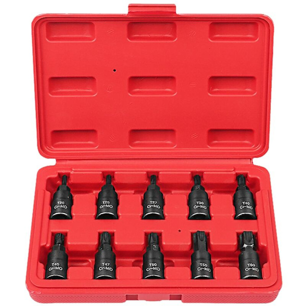 10-delt bitsæt, Sping Star Torx Hex Bits, T20-T60 med Premium-Mo stål, 3/8 tommer drev, forbedret opbevaring