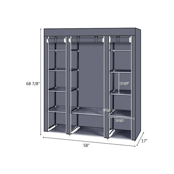 69\" Bærbar Tøjskab Opbevaringsarrangør med Non-Woven stof Hurtig og Nem at Samle Ekstra Stærk og Holdbar Grå - Modular RWDressing