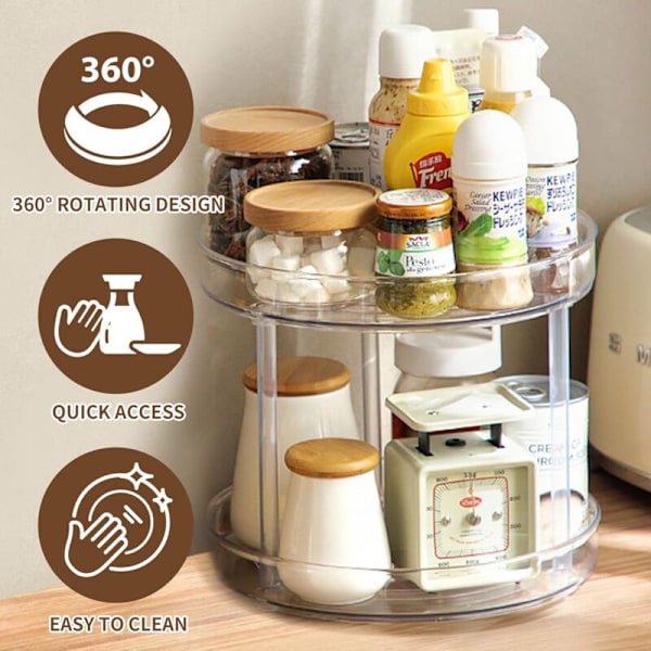 Roterende Krydderstativ 2-etasjes Lazy Susan Organizer Kjøkkenoppbevaring Skaphylle Vareoppbevaringsholder for Krydder, Kjøleskap, Soverom 23x22cm