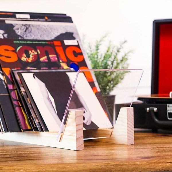 Vinylplade Opbevaringsstativ - Stakker op til 50 Album, 7 eller 12 Tommer Vinylplader - Massivt Træ Organizer med Klar Akrylender - Vis Singler i