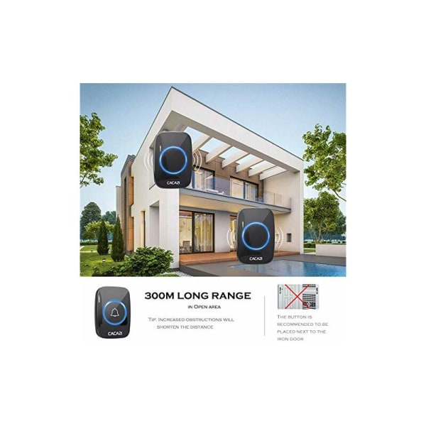CACAZI Trådløs dørklokke Vandtæt 300M 60 Musik Skift, 5 Lydstyrkeniveauer, Smart Dørklokke Batteri Stik 110V-220V