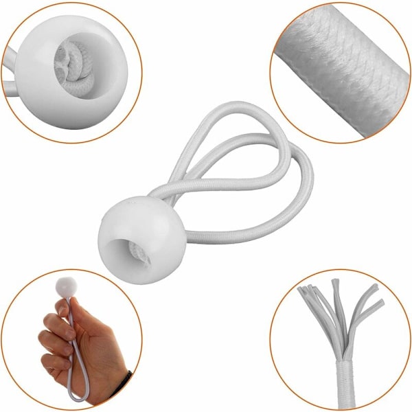 50x bungee-snören, elastiskt set, elastiska krokar med plastkula, tältgummi för presenningar, paviljonger, tält, högspänning vit