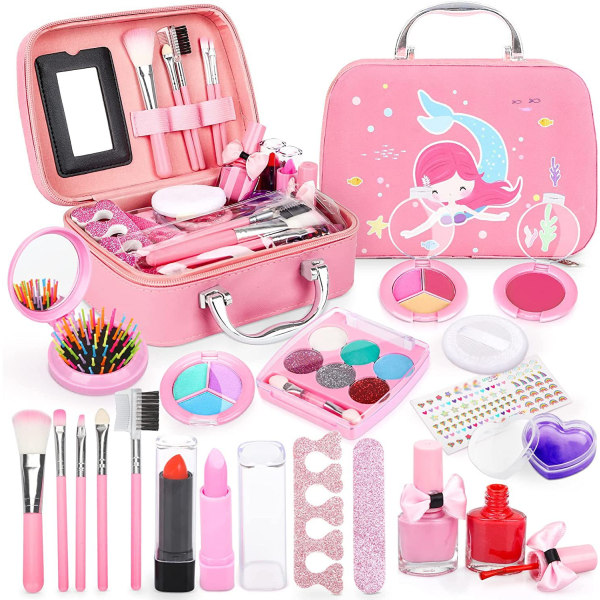 Makeuplegetøj til piger og børn, 20 dele makeupæske, lyserødt sæt, bedste gaver til piger