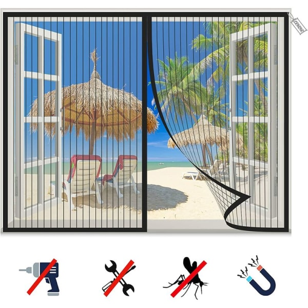 Magnetiskt myggnätsfönster, svart självhäftande mesh flugnätsgardin med magneter, för de flesta typer av fönster eller dörrar（90*150 cm），Superma