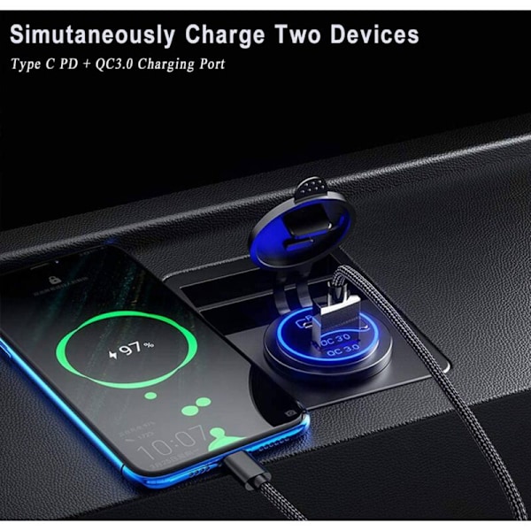 4X USB PD Type C & QC 3.0 Biloplader 12V Stikkontakt med Tænd/Sluk-knap
