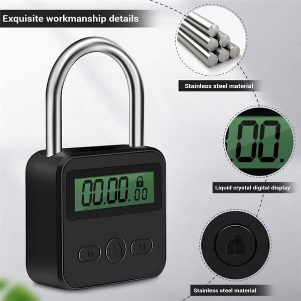 Metallisk timerlås Multifunksjon LCD-skjerm Elektronisk tid 99 timer Maks USB-oppladbar timer, Svart