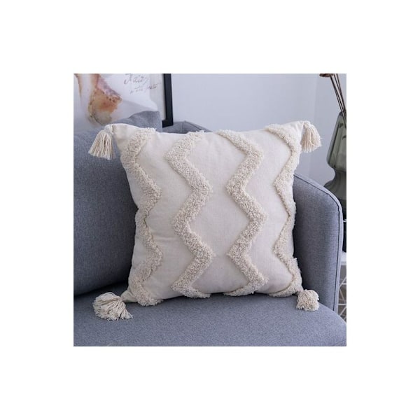 Moderne Pudebetræk, Dekorative Puder, Simpel Puderbetræk med Strikket Pomponer, Dekorativ til Sofa og Seng, Beige, Bomuld, 45cm x 45cm (