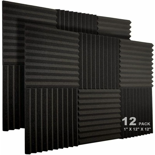 Pakke med 12 akustiske paneler 10 pladser 1 x 12 x 12 tommer akustisk skum Studio lydisolerende kiler Højdensitet brandsikre paneler (sort)