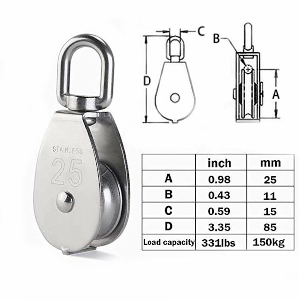 M25 304 Rustfrit Stål Enkelt Trækhjul, 25Mm Enkelt Trækhjul Blok Rulle, Kran Drejelig Krog Glat Trådtov Kabel Læsning 150Kg (5 Stykker) HIA