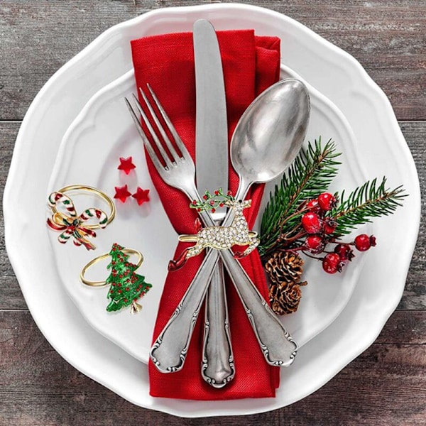 12 Styk Jule Servietringe Krans Servietholdere til Julefest Middagsbordets Dekoration