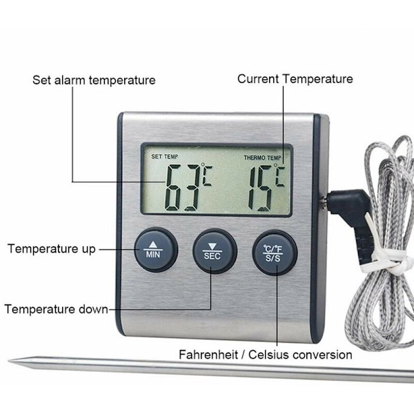 Kjøttsondetermometer for matlaging, termometer med sonde for grilling kjøtt, BBQ, vann, melk, vin, væske med sonde UD09