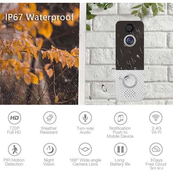 Trådløs dørklokke med kamera, trådløs videodørklokke med chime, 1080P FHD, PIR menneskelig detektion, batterifri, 170° synsvinkel, IP66 vandtæt