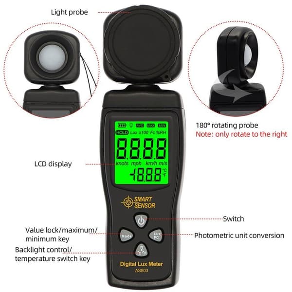 Lux Meter AS803 Lux Meter Lysintensitetsmåling Luxmeter Luminans Tester SMART SENSOR Digital Spektrometer
