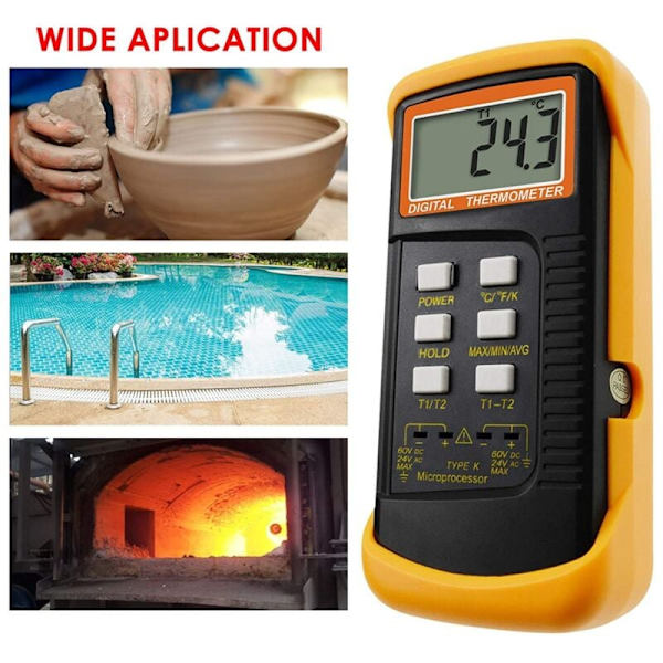K-typ digital termometer för termoelement (-50-1300°C) med två kanaler 4 sonder bärbar hög temperatur