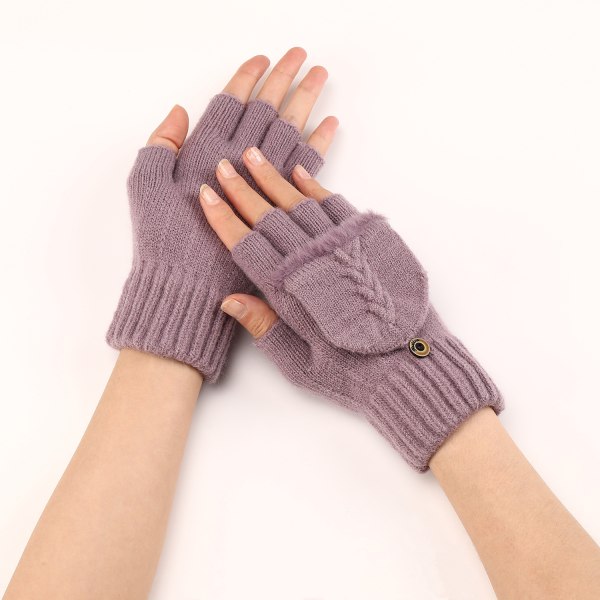 Korta uppfällbara handskar i ylle för kvinnor, varma och moderiktiga stickade halvfingerärmar (lila)