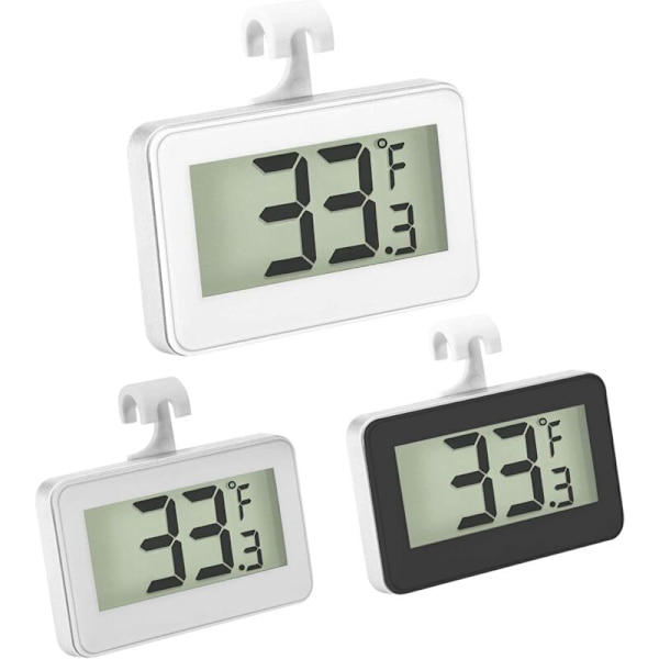 3 stycken kylskåpstermometrar, vattentät digital kylskåps- och frystermometer med LCD-display med krok för temperaturmätning (svart + vit)