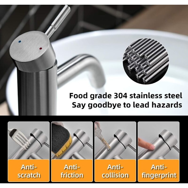 Hög Vaskenkran, Enhandsfattning 304 Rostfritt Stål Bänkblandare, Modern Badrumsblandare Design med PEX-Slang, Justerbar Varm och Kall