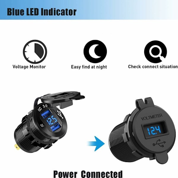 USB Hurtig Billader til Bil To QC3.0 USB Porte, 12V/24V 36W Vandtæt med LED Digital Voltmeter til Motorcykel, Campingvogn, Lastbil, Båd og Mere