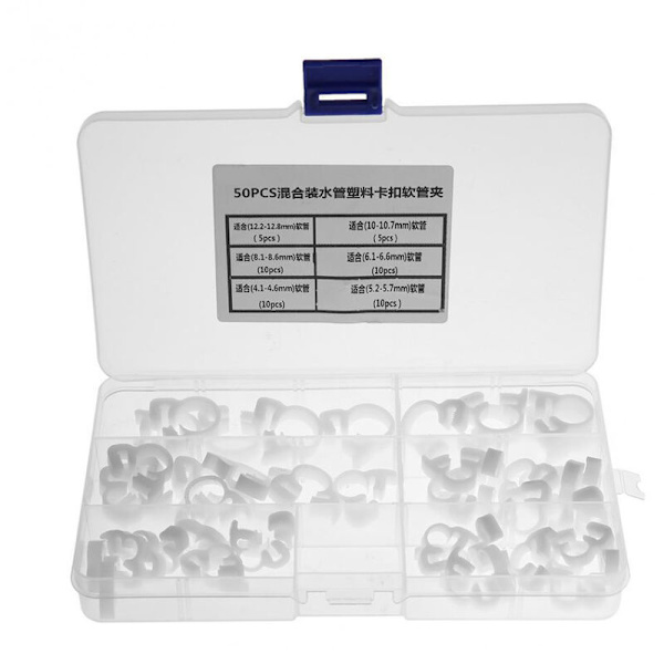 50 st 6 storlekar vita dubbla grepp nylon slangklämmor set 4.1-12.8 mm plast snäpp spärr sortiment kit