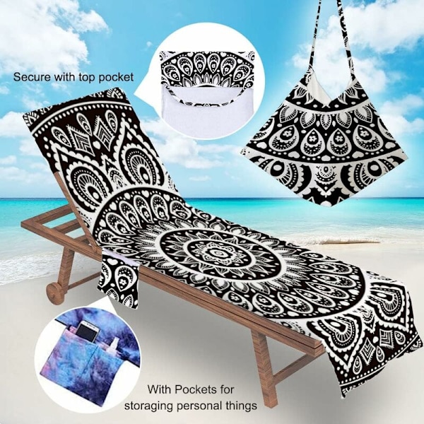 Strandstoltrekk, Mandala Strandhåndkle med Oppbevaringslommer, Lett Foldbar Lounger Trekk for Soling (Mørk Svart, 75x210cm)