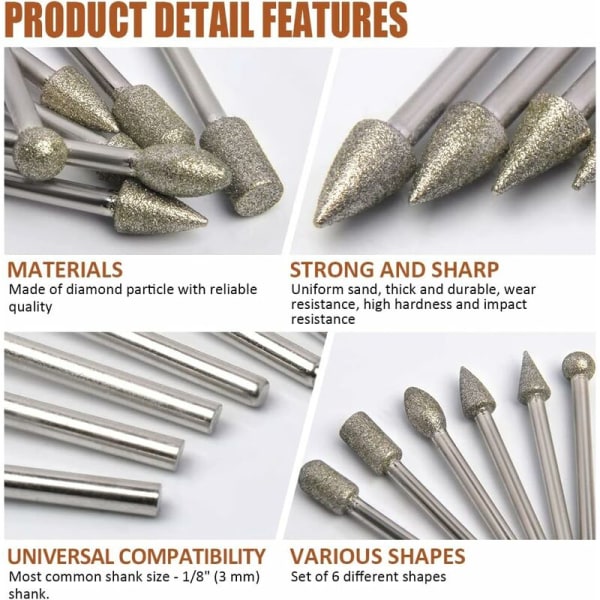20 st slipande roterande borr set, gravyrbit set med 3 mm (1/8\") skaft, diamantbelagd borr för stensnideri, universell passform för roterande verktyg