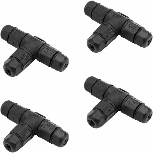 4-pak IP68 Vandtæt Forgreningsboks T-type til Forbindelse af Kabler Udsat for Fugt Udendørs - 3-polet Kabelforbindelser, Ø 5 mm - 10 mm
