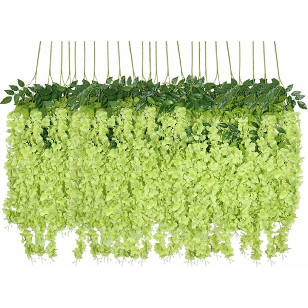 Kunstige Blomster, 24 Styk Kunstige Falske Wisteria Vine Hængende Silkeblomster Hjem Bryllup Fest Dekoration (24 Styk, 110cm/Hver Strand, Grøn)