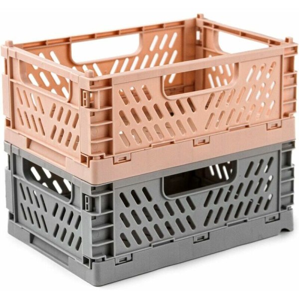 Sæt med 2 sammenklappelige plastkasser - Robuste opbevaringskasser til køkken, soveværelse, kontor (Pink + Grå, 22 x 15 x 9 cm)