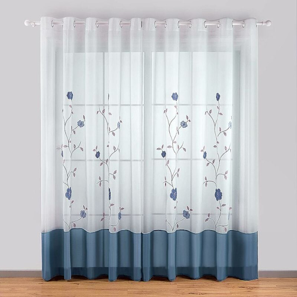 1 st transparent gardin med blommig brodyr för sovrum, kök, vardagsrum, 140 cm x 175 cm, solig blå