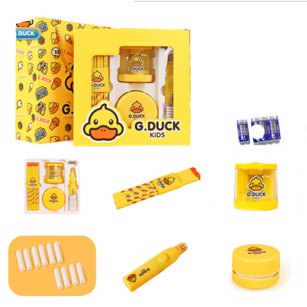 Liten gul and elektrisk blyantspisser støvsuger skrivesaker sett til barn skrivesaker sett fem deler