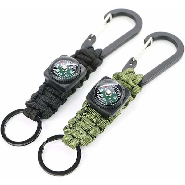 2 stk. Paracord nøglering med kompas og karabinhage, til vandreture camping udendørs aktiviteter (sort + mørkegrøn)