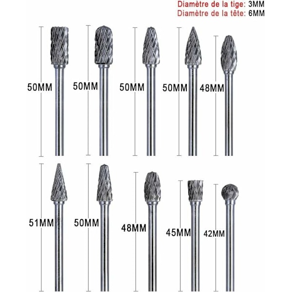 Pakke med 10 dobbelt skårne wolframkarbid roterende fræsere, med slibehoved, 3 mm skaft, til Dremel roterende værktøjer, til trægravering polering metal glas