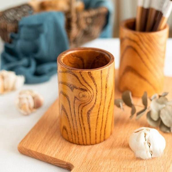Ätpinnarhållare Cylinder Trä Multifunktionell Köksförvaringsrör 8,5X13Cm, med Avloppshål Lätt att Tömma