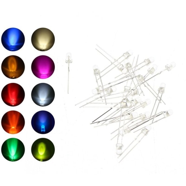 3mm dubbla LED-dioder, bulk LED-ljusdioder 2 stift rund Uv (10 färger X 20 st) kitlåda