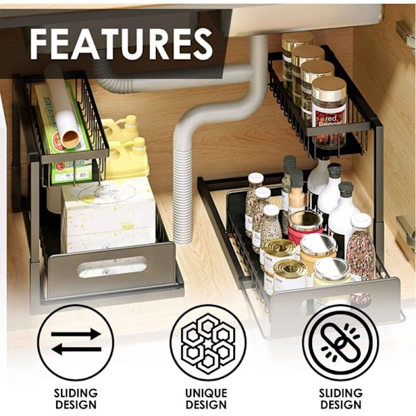 Under Sink Organizers & Opbevaring 2 Tier Badeværelse Vask Organizer Under Køkken, Skydedør