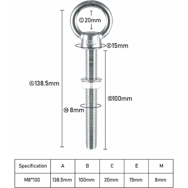M10 x 100mm Öglebultar M10 Ringskruv med metrisk gänga i rostfritt stål för fixering och upphängning, 4 st