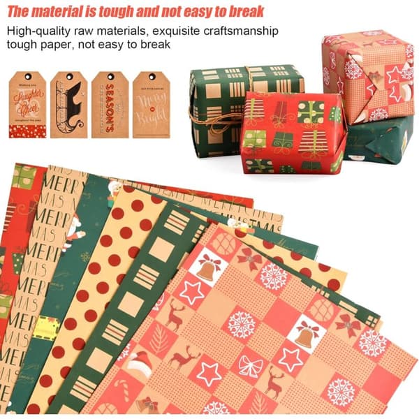 Paket med 6 julpapper, 50 x 70 cm, återvunnet kraftpapper för presentinslagning, julpapper, presentpapper för jul