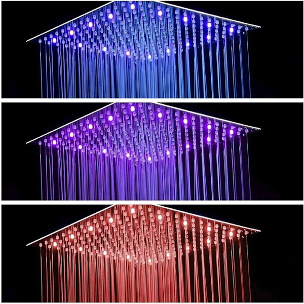 LED Duschhuvud, 8 Tums Kvadratisk Temperaturkontroll, 3 Färgväxlande ABS Kromfinish, LED Duschhuvud för Badrum