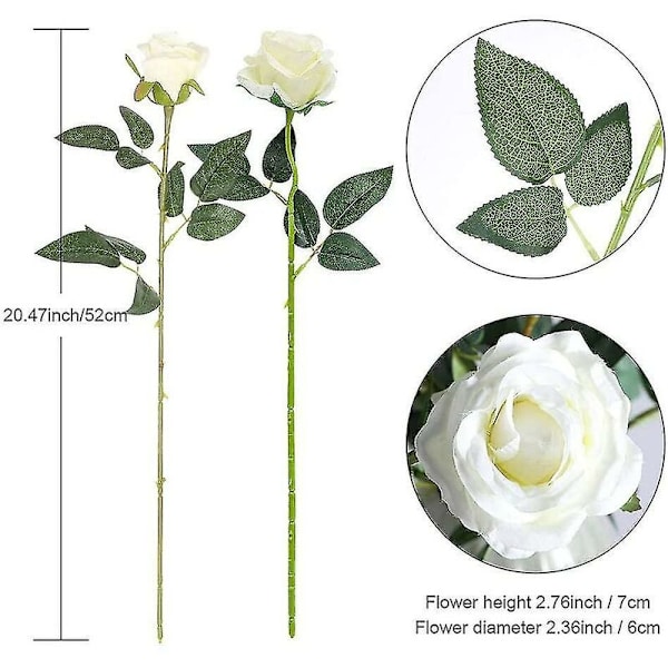12 st konstgjorda sidenblommor realistisk rosbukett lång stjälk för bröllop hemfestdekoration (vit)