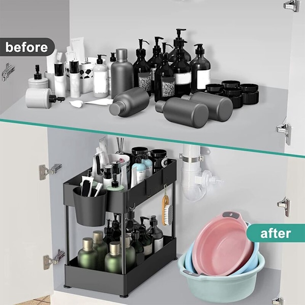Under Sink Organiser & Opbevaring, Under Sink Badeværelses Organiser, 2-Tier Organiser med 4 Kroge, Under Sink Badeværelse