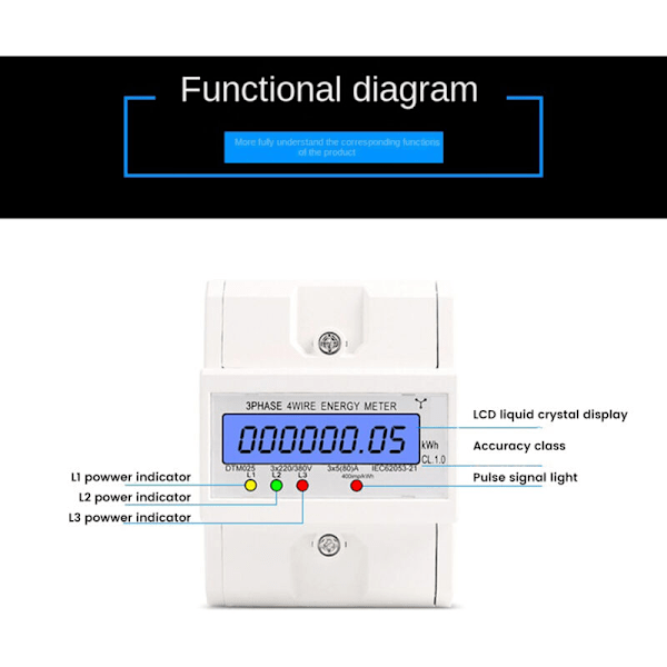 380V 5-80A 3-faset 4-leder DIN-skinne Elektronisk Watt Energimåler Wattmeter KWh LCD med Bakgrunnsbelyst Display