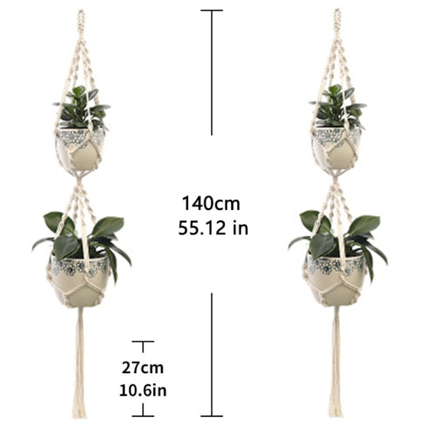 2 st Macrame Växtupphängningar, Inomhus Utomhus Hängande Planterkorg, Bomullsrep, Handgjord Blomkruka Nätväska